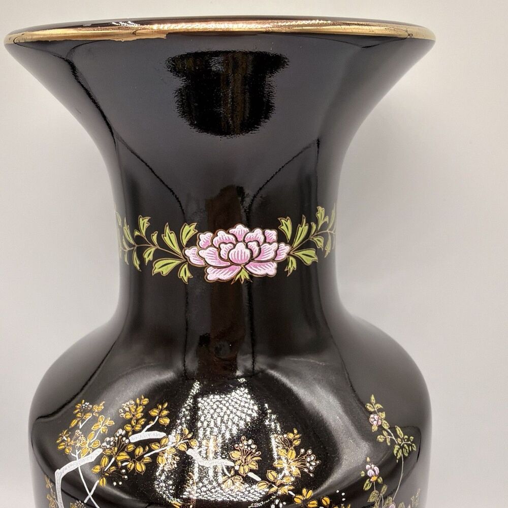 Vintage Japanese Black Peacock Floral Vase 11” Gold Trim Hand Decorated Japan - Picture 3 of 14